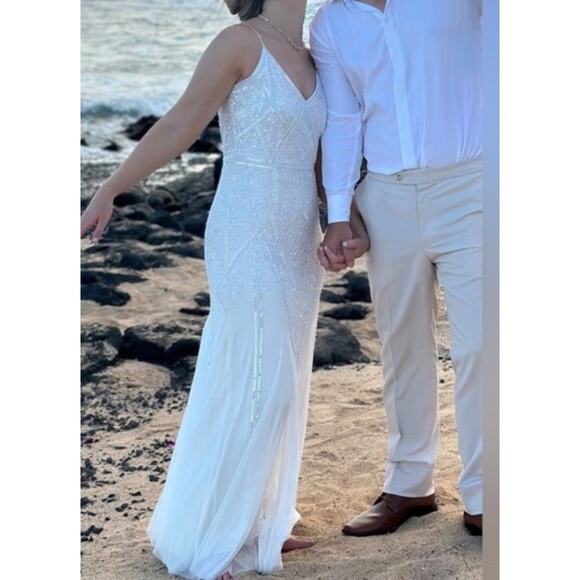 Lulus Just the Beginning White Beaded Sequin Mermaid Maxi Dress Medium V Neck - Picture 3 of 11